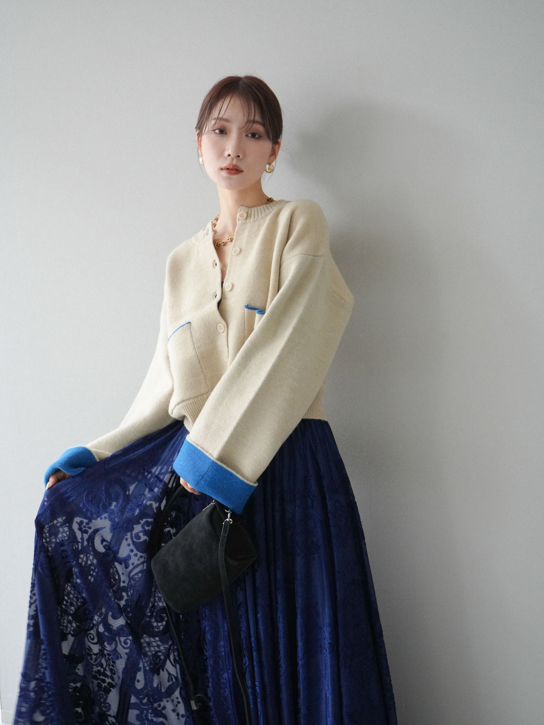 [SET]バイカラーオーバーニットカーディガン+アンティーク柄フロッキーマキシスカート(2set)