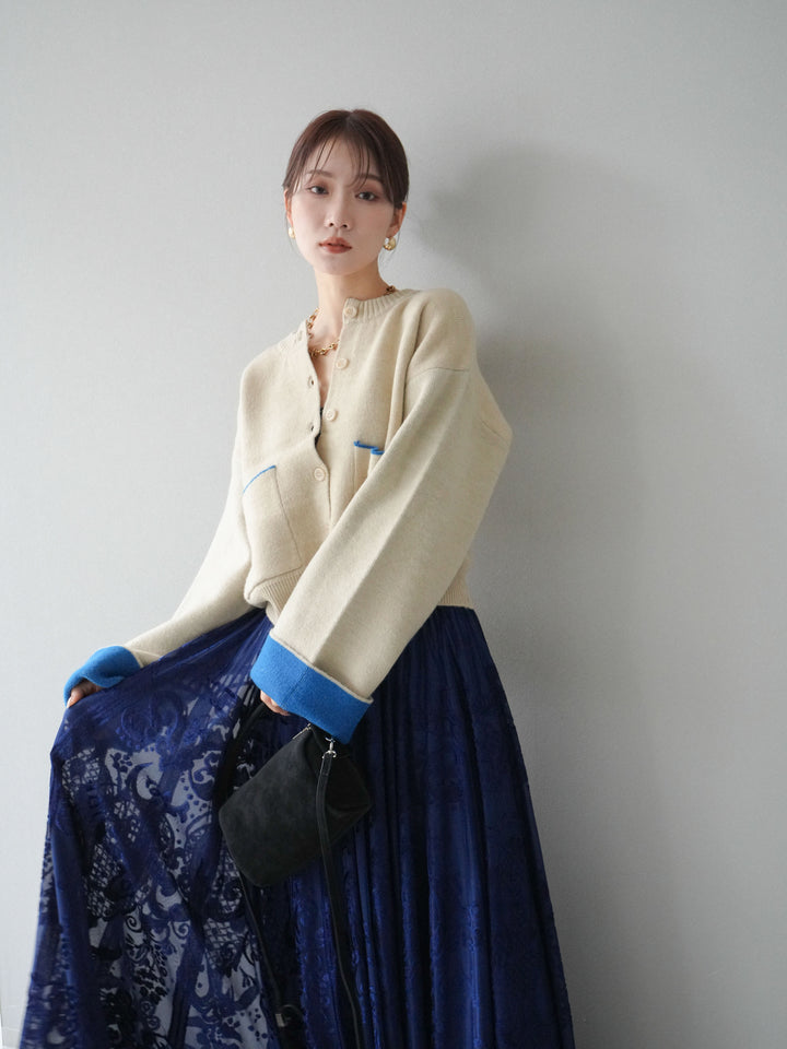[SET]バイカラーオーバーニットカーディガン+アンティーク柄フロッキーマキシスカート(2set)