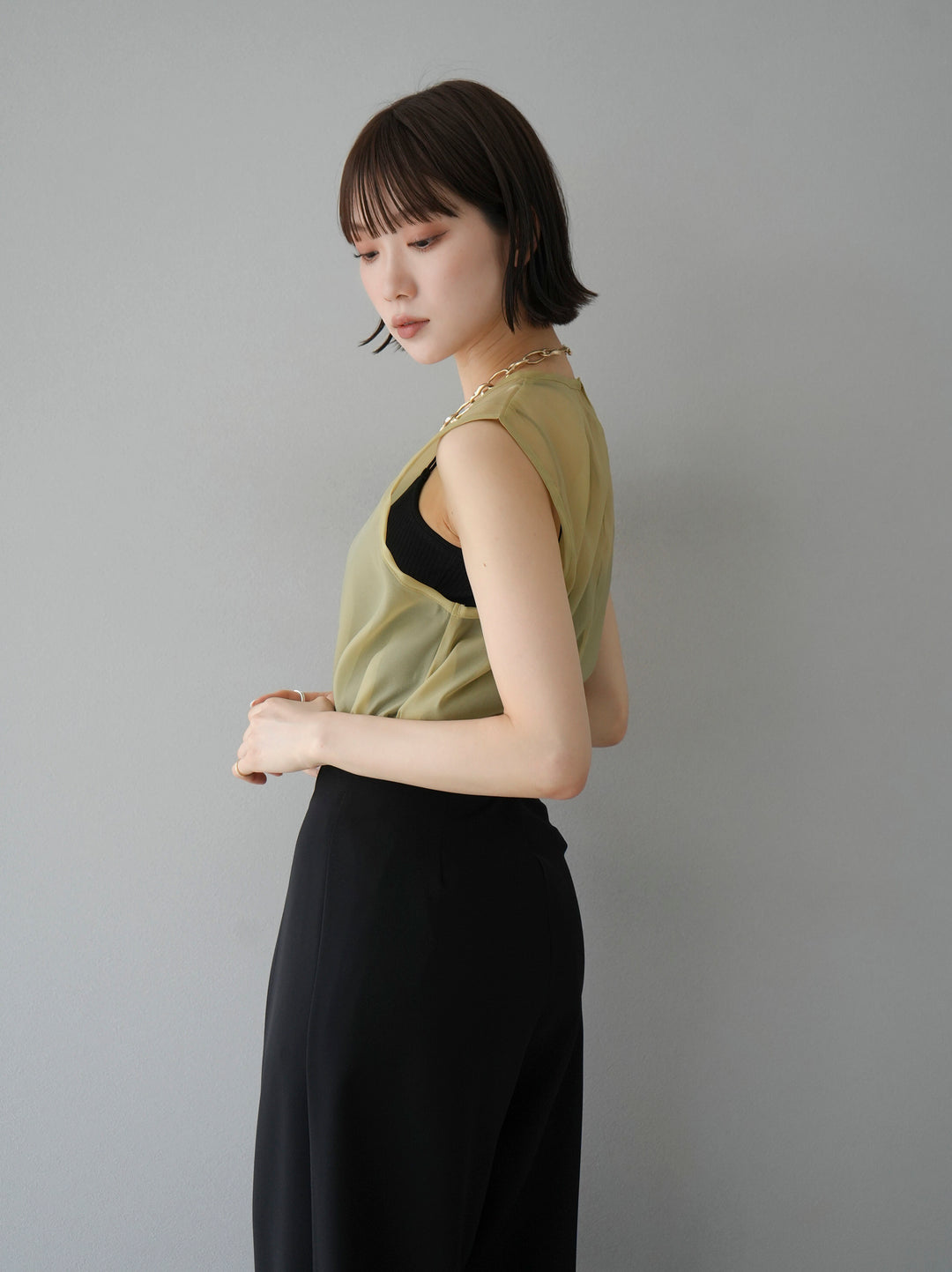 [SET] Organza sleeveless top + wrap wide pants (2set)