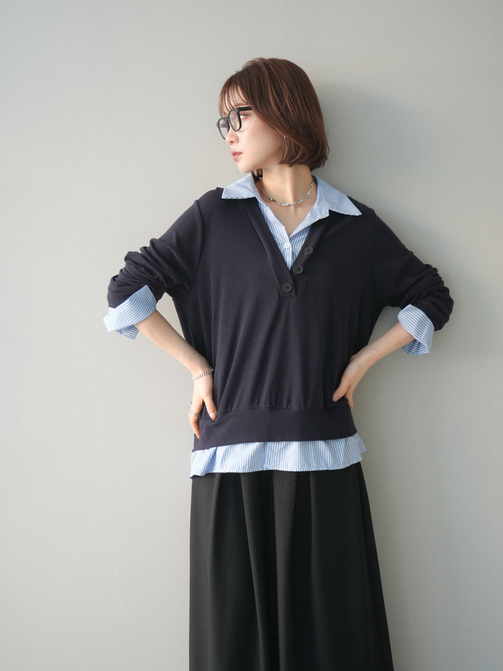 [予約]シャツレイヤードデザインカットプルオーバー/navy