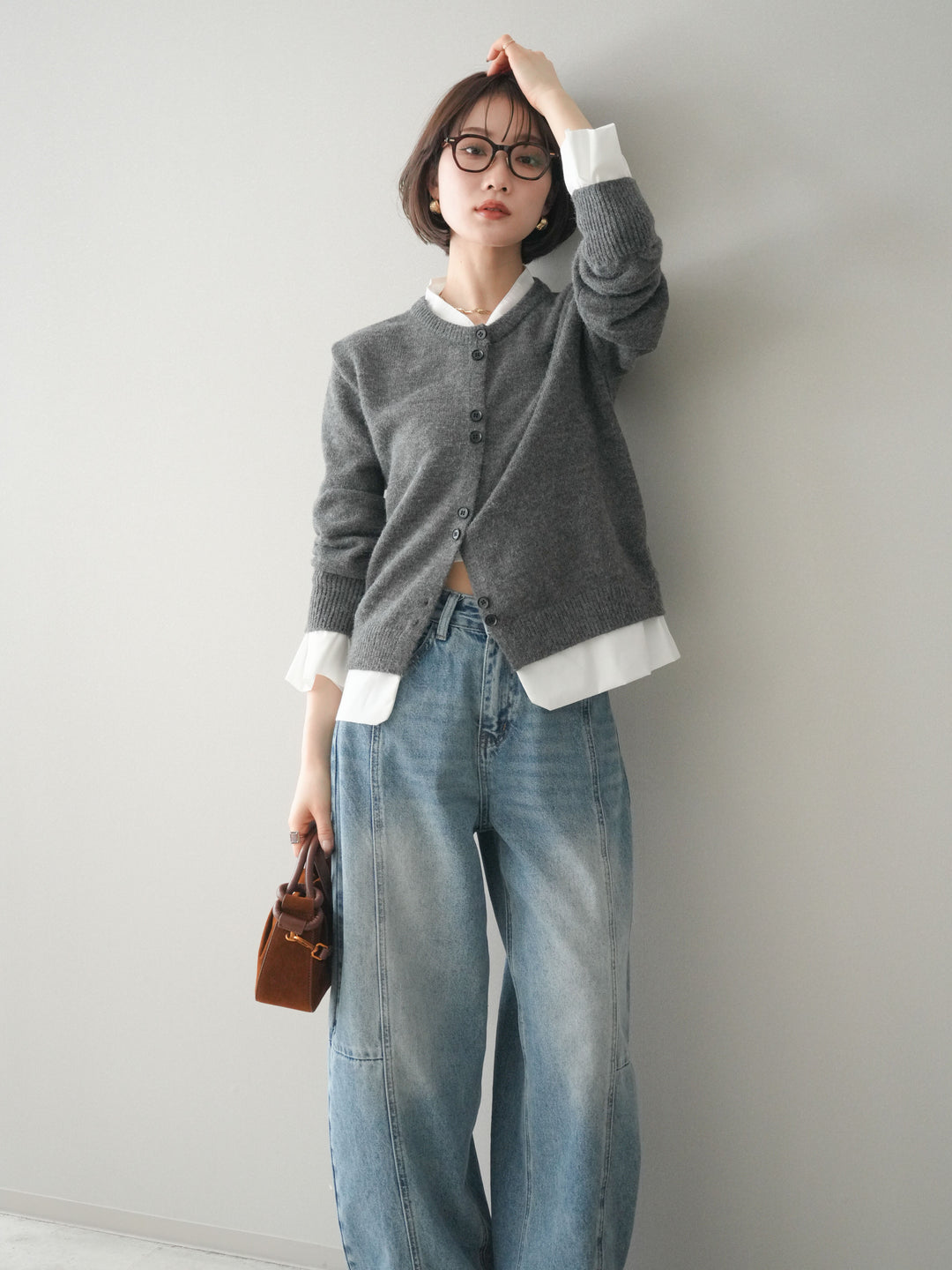 [SET]布帛ドッキングニットカーディガン+ガーメントウォッシュカーブデニムパンツ(2set)