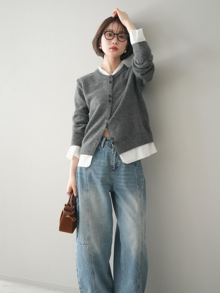 [SET]布帛ドッキングニットカーディガン+ガーメントウォッシュカーブデニムパンツ(2set)