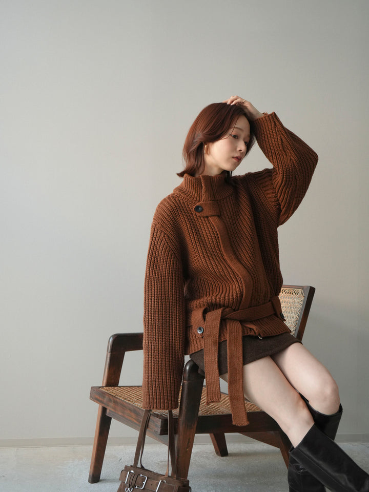 [予約]畦編みボトルネックZIPニットカーディガン/brown