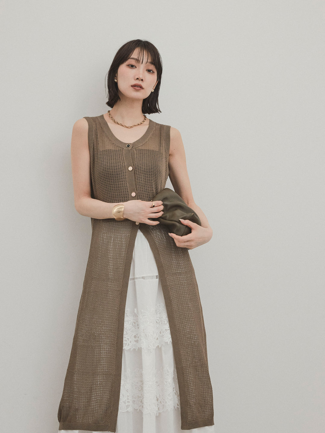 [SET]アソートボタンニットロングジレ+スカラップレースロングスカート(2set)