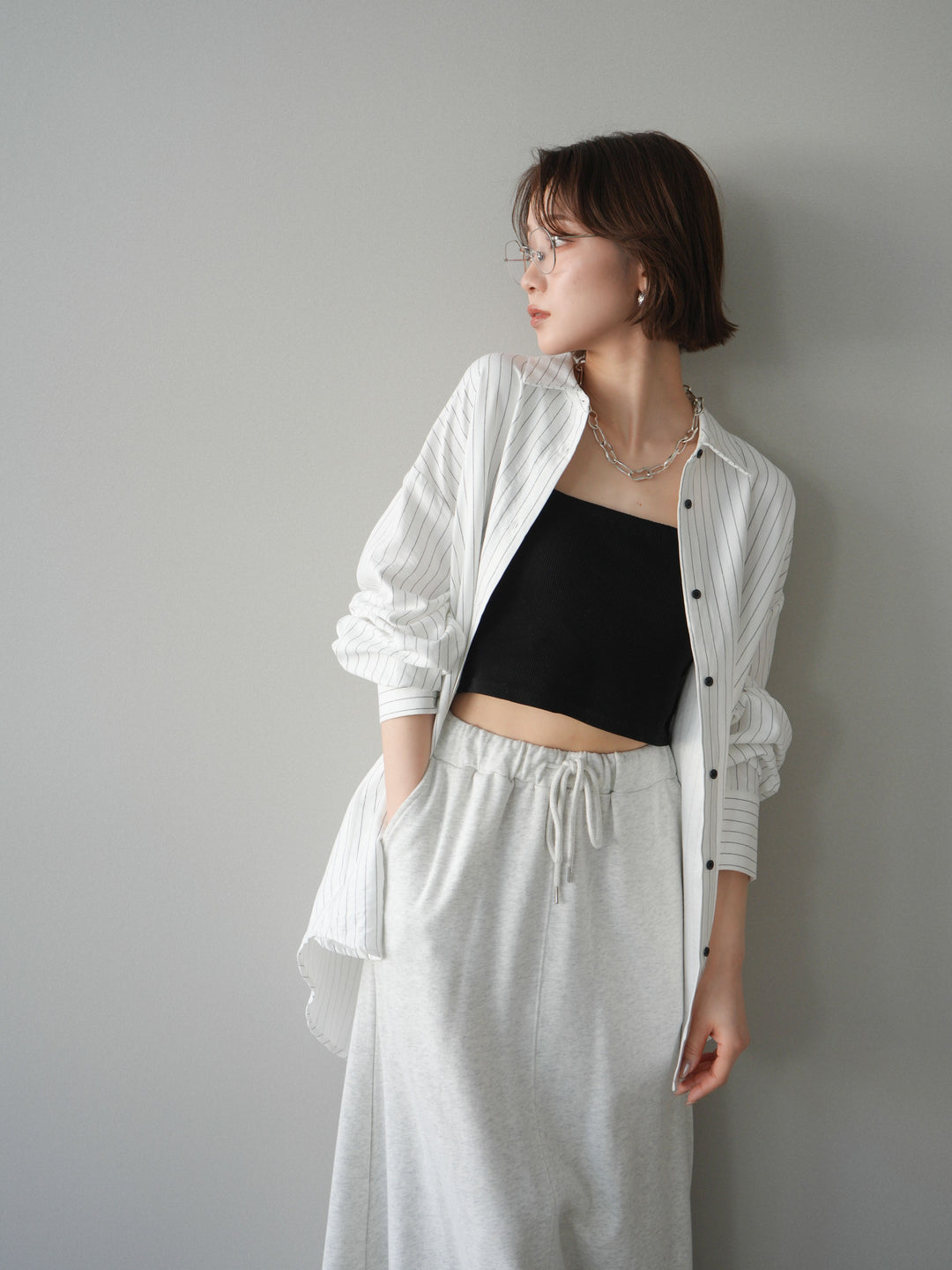 [SET]2WAYカシュクールストライプブラウス+スウェットフレアロングスカート(2set)