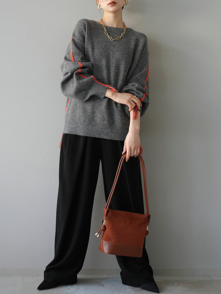 [予約]配色ステッチフリンジニットプルオーバー /チャコール