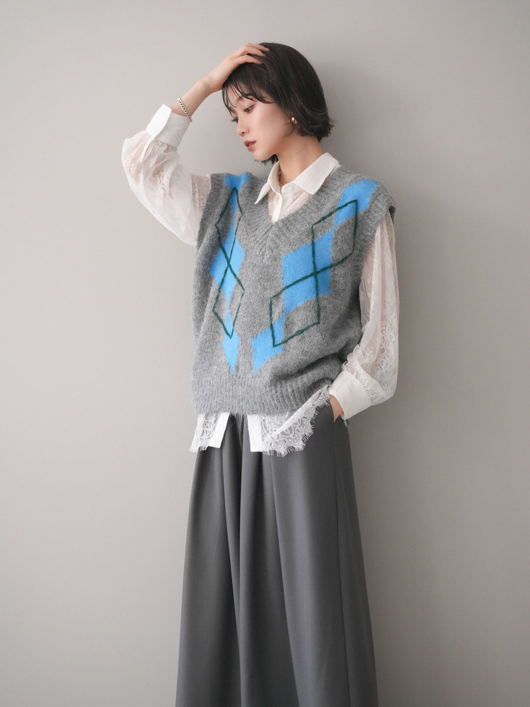 [SET]アーガイルVネックニットベスト+選べるアクセセット(2set)