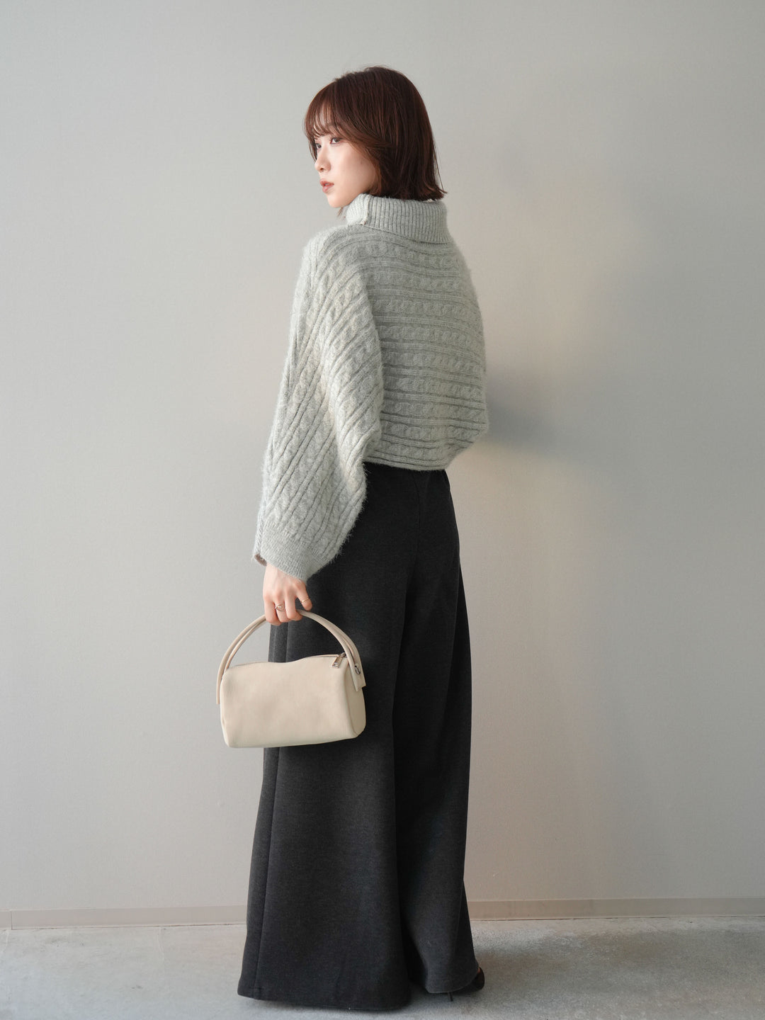 [SET]オフタートルケーブル編みニットプルオーバー+ベルト付きフロントタックワイドパンツ(2set)