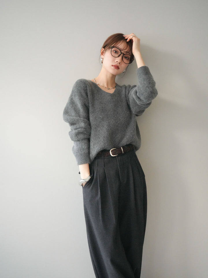 [予約]シュシュ付きアンゴラタッチVネックニットプルオーバー/gray