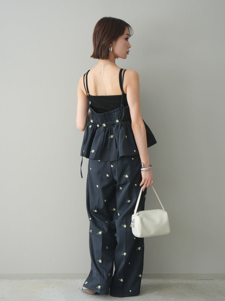 [予約]フラワー刺繍タックパンツ/navy