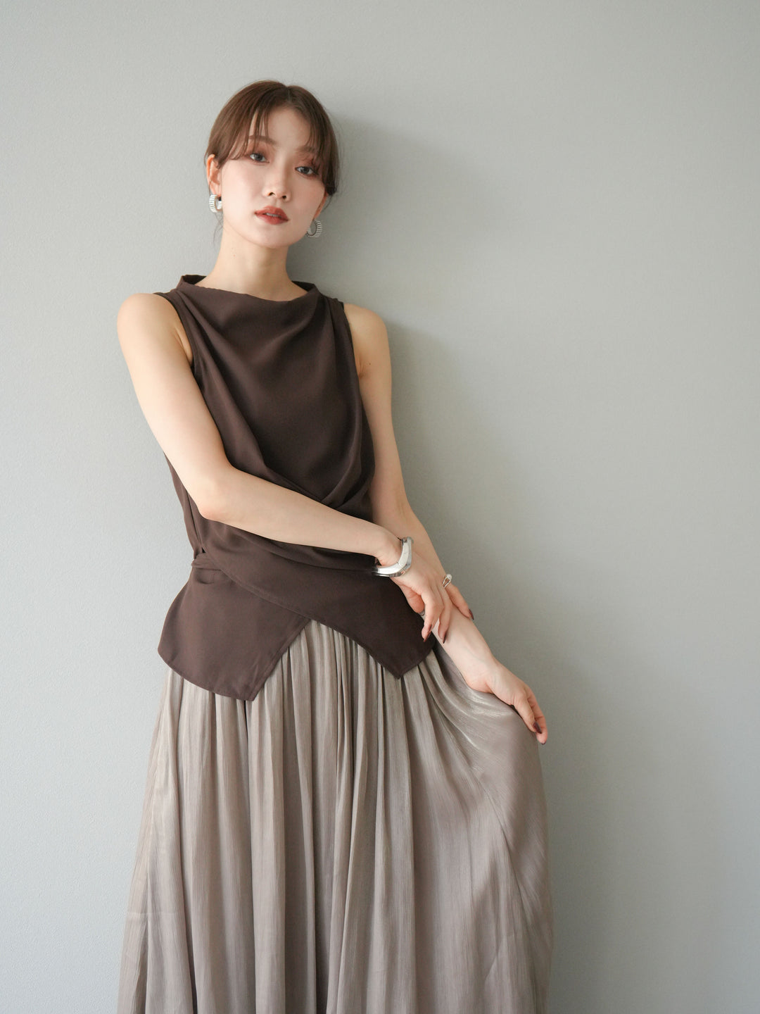 [SET]ノースリーブトップス＆シャイニーフレアスカートSET UP/(2set)