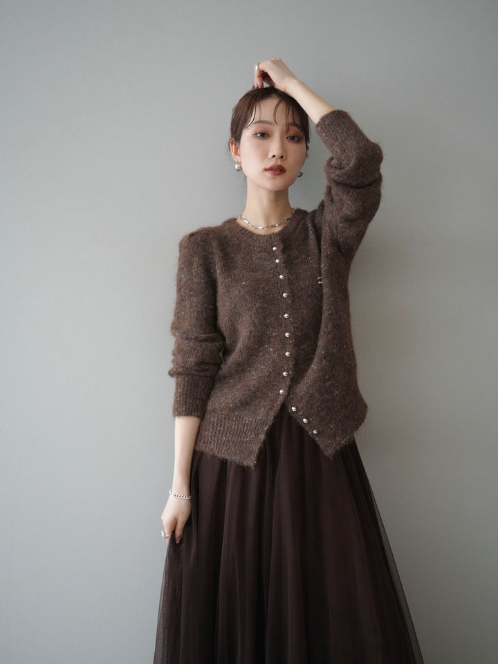 [予約]ブローチ付silverボタンミックスニットカーディガン/brown