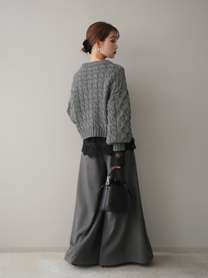 [SET]バルキーケーブルクロップドニットプルオーバー+テープベルトタックバギーパンツ(2set)
