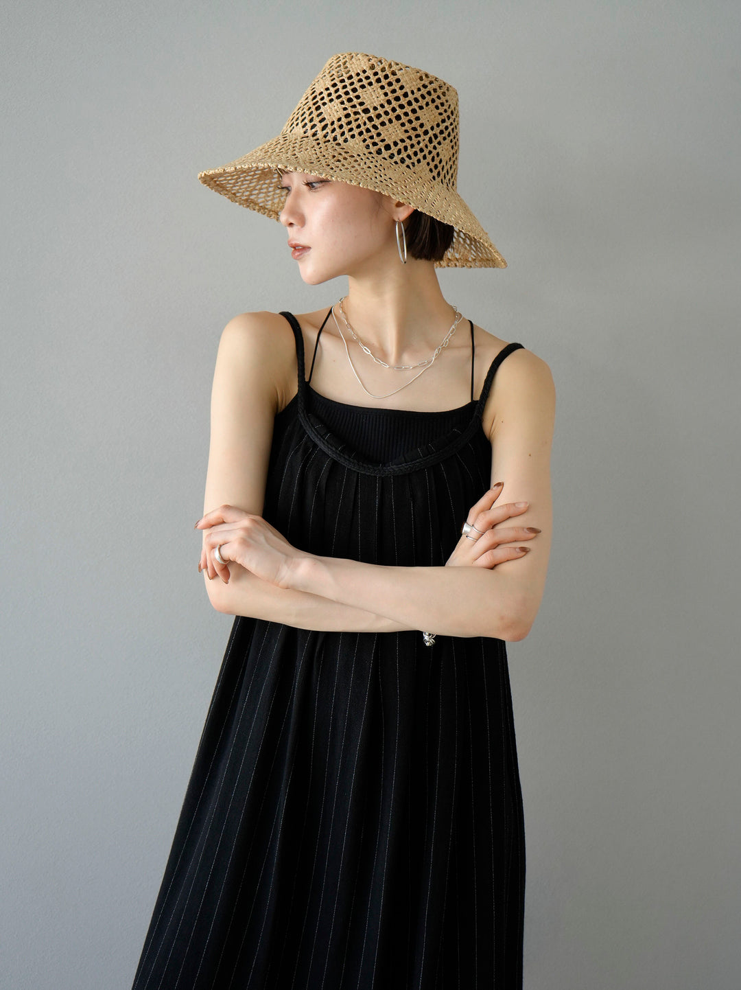 [Pre-order] Cotton linen striped camisole dress/black