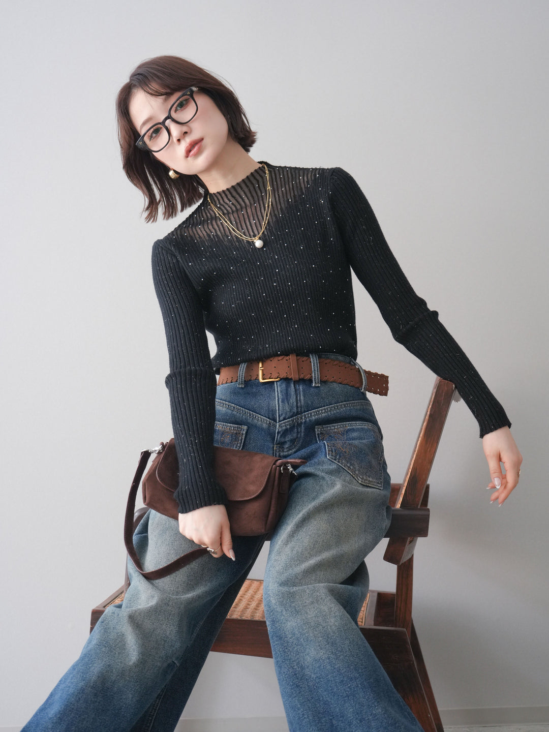 [予約]シアー切替スパンコールリブニットトップス/black