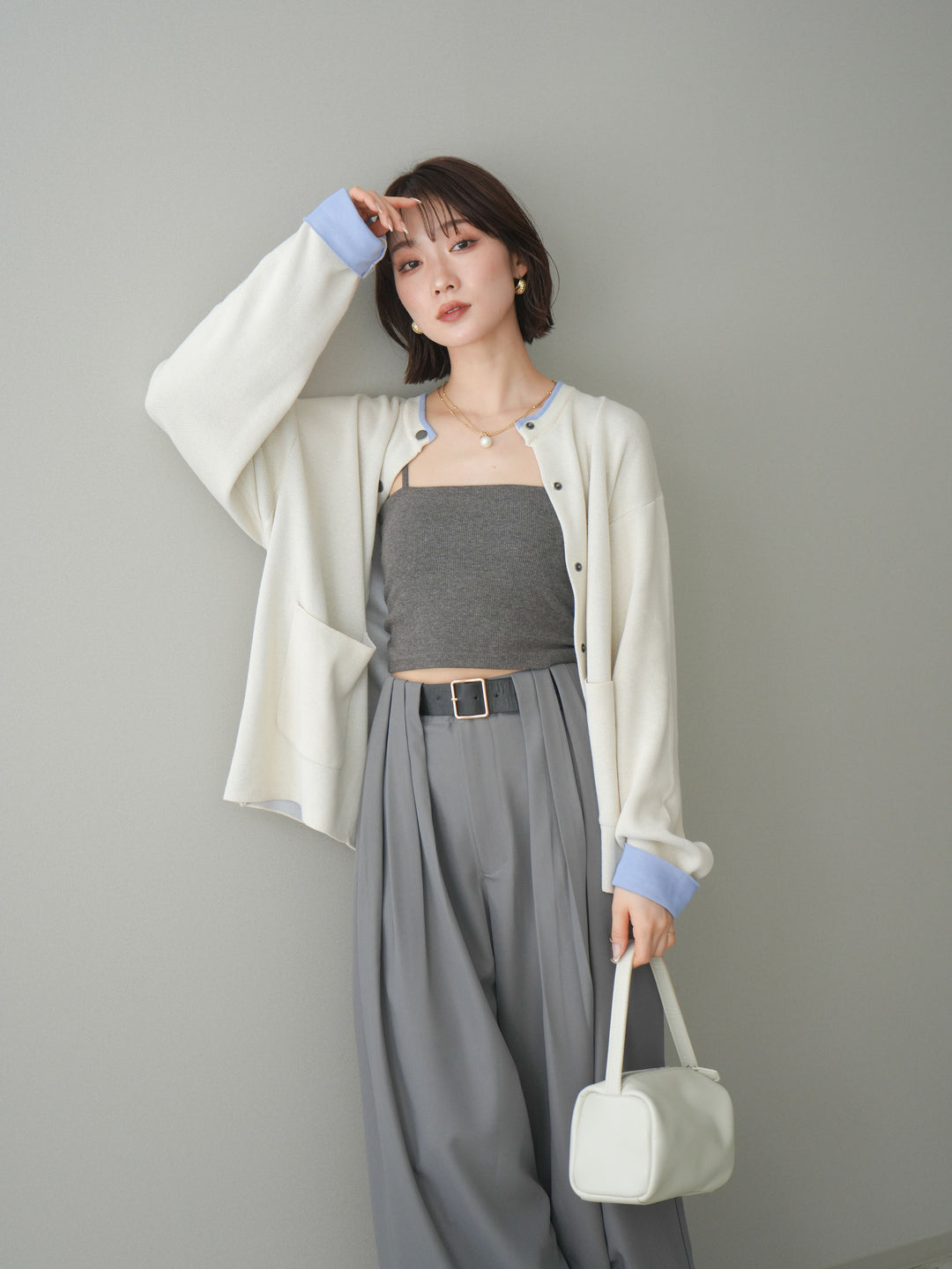 [SET]バイカラーオーバーニットカーディガン+タックベルトループワイドパンツ(2set)