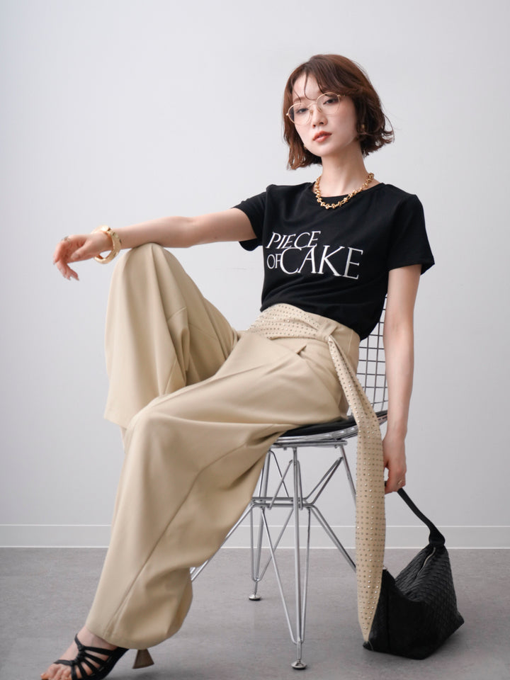 【套裝】刺繡Logo T卹+串珠腰帶束腰寬褲（兩件組）