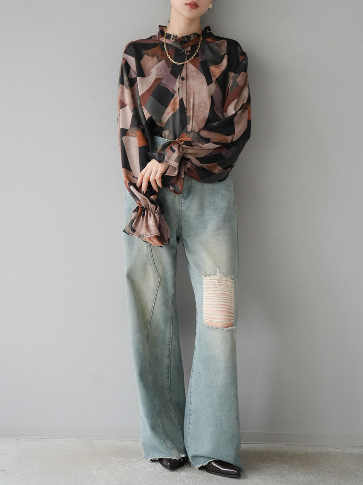 [SET]レトロプリントフリルブラウス+選べるアクセセット(2set)