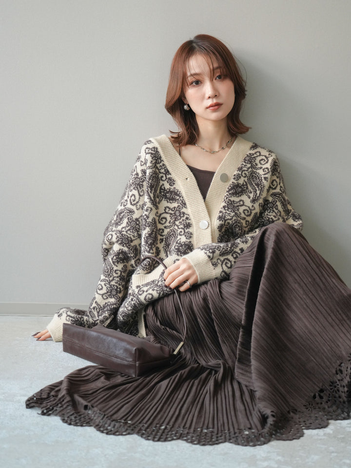 [SET]ペイズリー柄ニットカーディガン+パンチングデザインスエードプリーツスカート(2set)