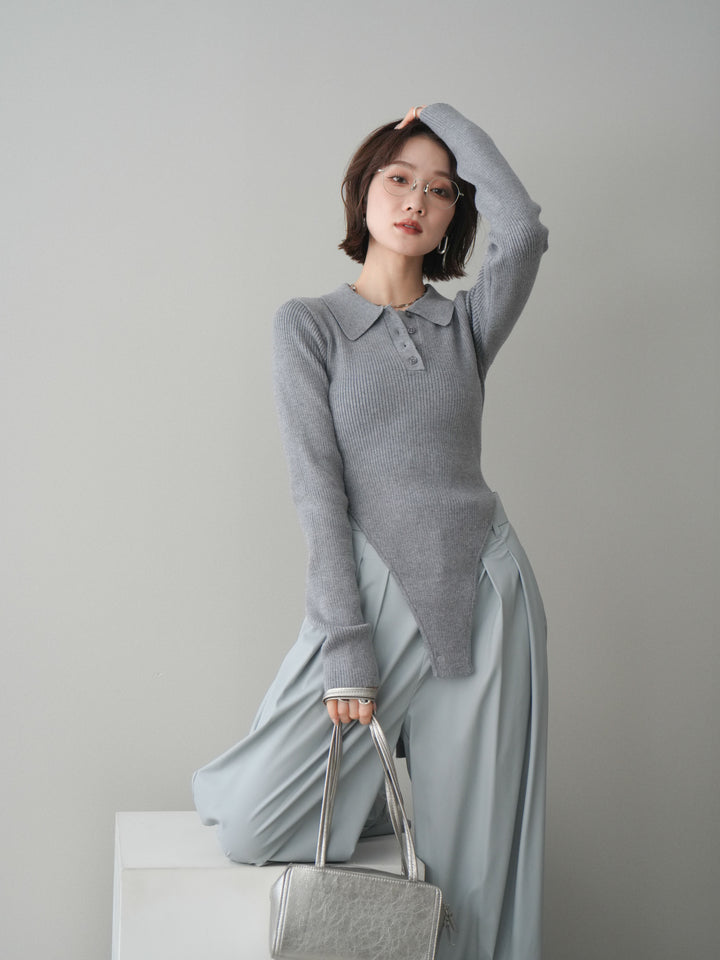 [予約]リブポロニットボディスーツ/mokugray