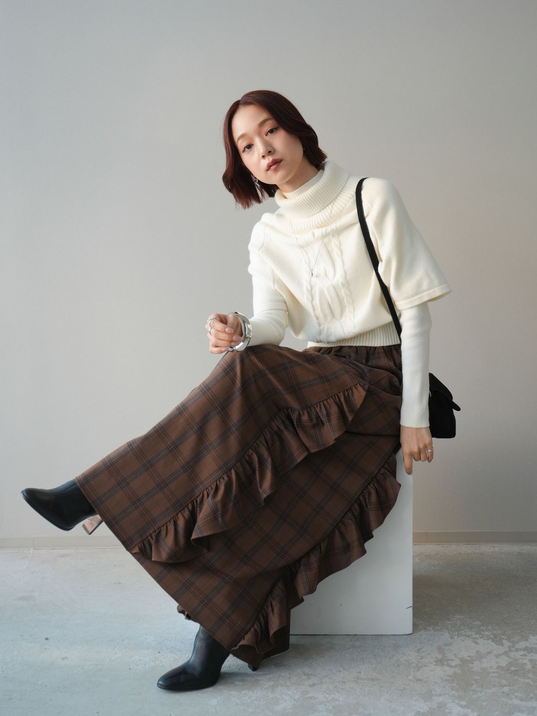 [予約]ケーブル編みタートルハーフスリーブニットアンサンブル/ivory