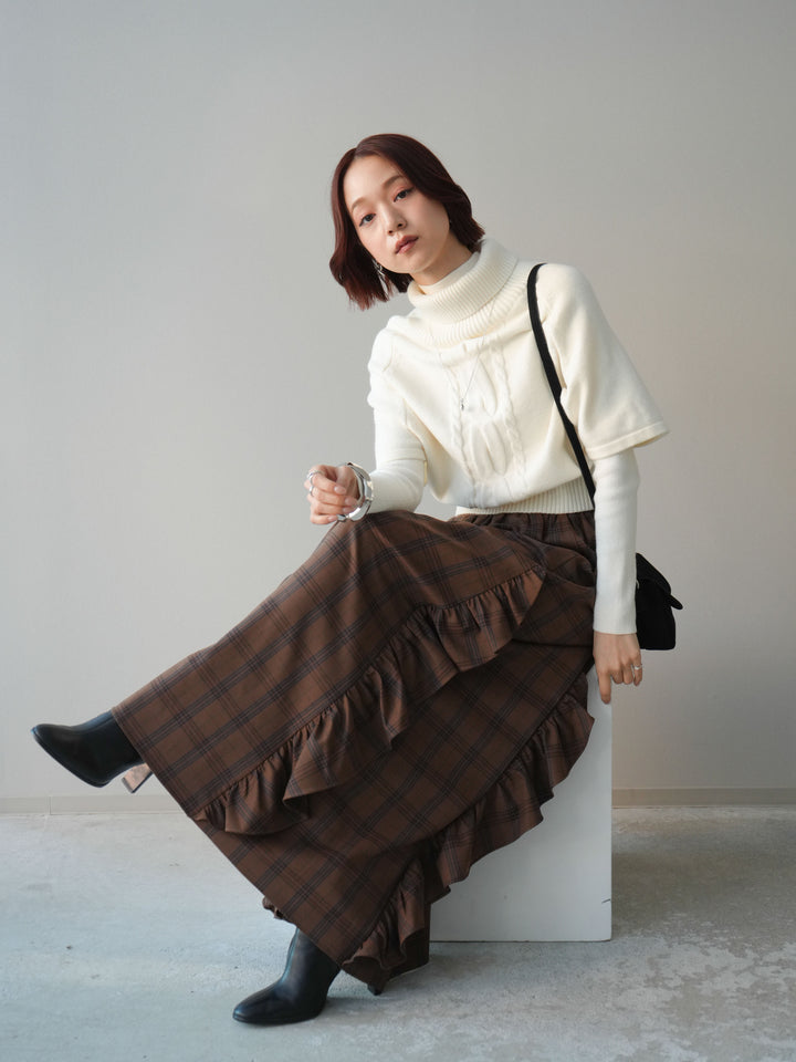 [予約]ケーブル編みタートルハーフスリーブニットアンサンブル/ivory