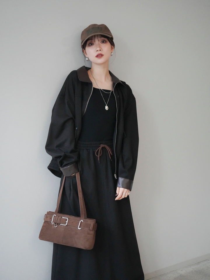 [予約]レザー襟配色パイピングブルゾン/black