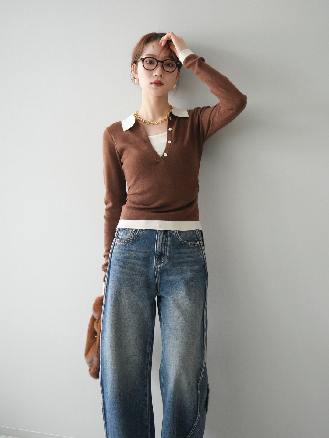 [予約]レイヤード配色ポロニットトップス/brown
