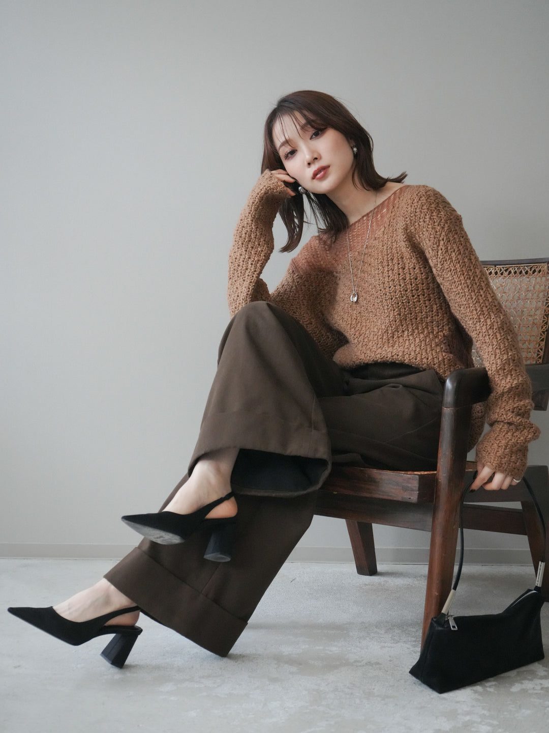 [予約]ダメージデザインニットプルオーバー/camel