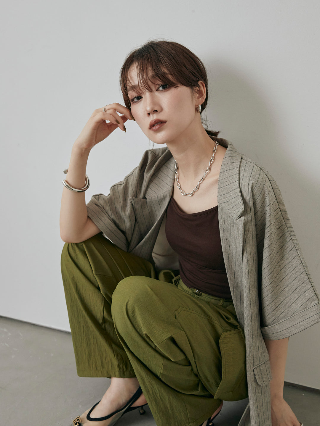 [予約]バックオーガンジーヘリンボーンストライプハーフジャケット/グレージュ