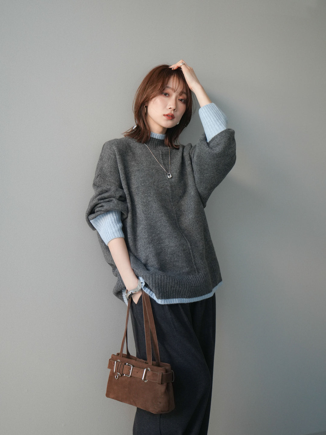 [SET]配色ハイネックニットプルオーバー+アニマル柄ベルト付きウールタッチワイドパンツ(2set)