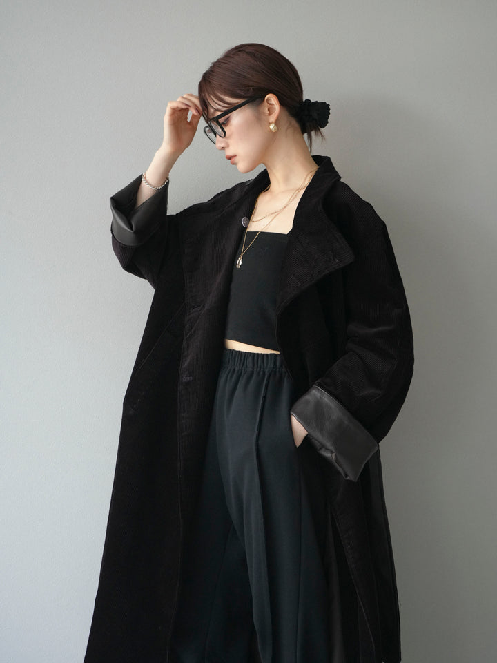 [予約]コーデュロイ折り返しレザーロングコート/brown