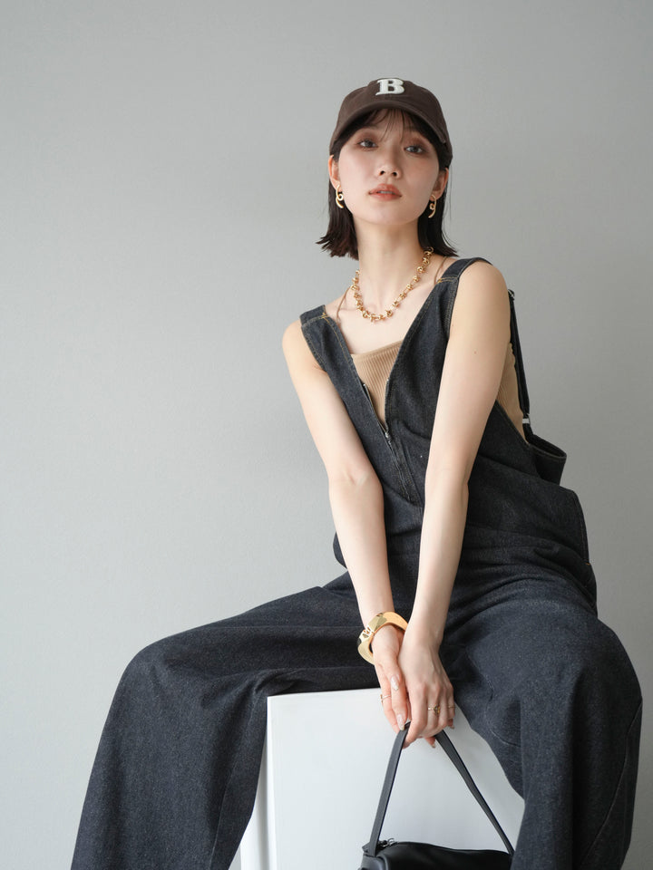 [予約]フロントZIP Vネックデニムサロペット/ブラック