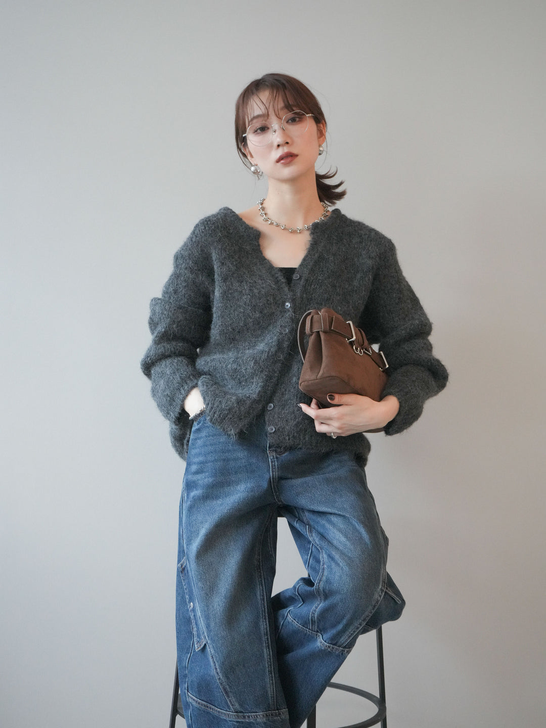 [SET]キーネックシャギーニットカーディガン+カーゴデザインコクーンデニムパンツ(2set)