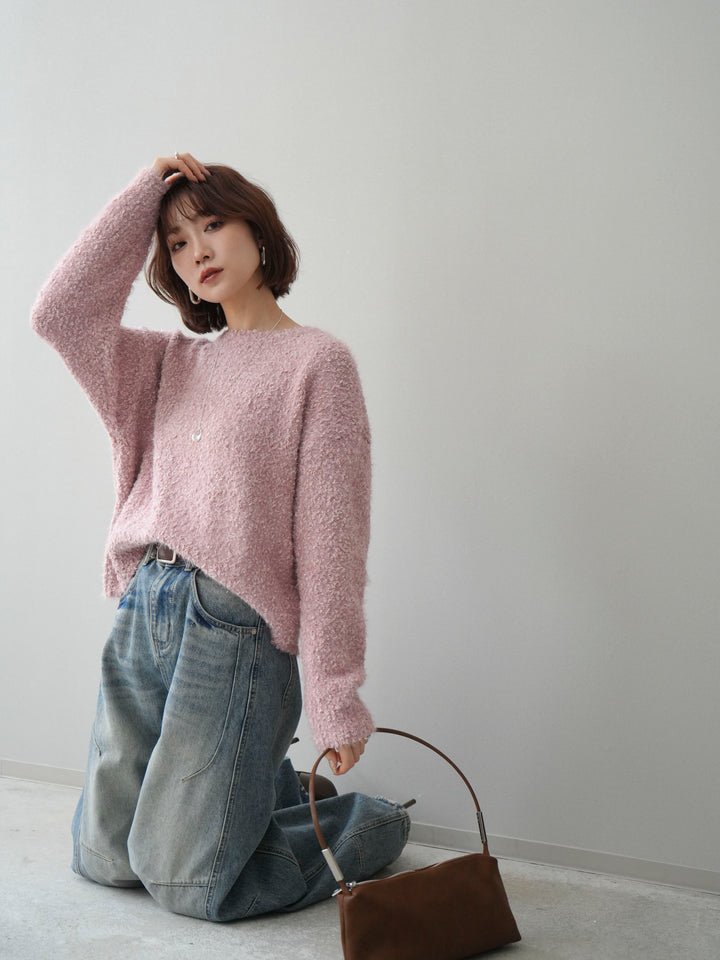 [SET]モールラメミックスヤーンニットプルオーバー+ベルト付カーブデニムパンツ(2set)