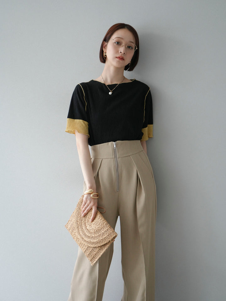 [SET] 百褶同色船領套頭衫 + 拉鍊褶襉寬褲 (2 套)