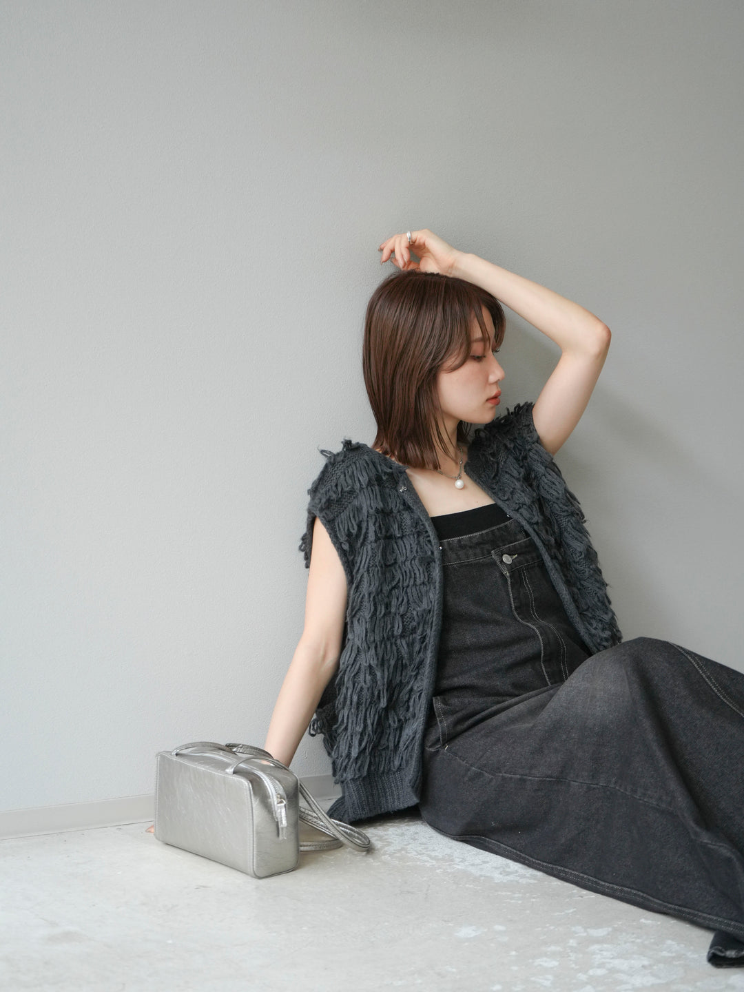 [SET]ループデザインベスト+アシンメトリーデニムワンピース(2set)