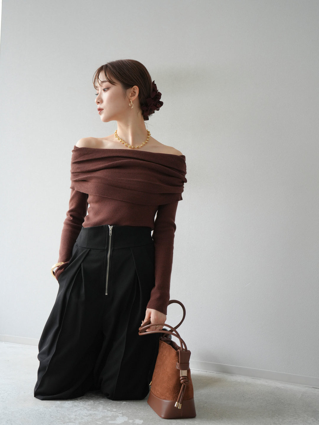 [予約]オフショルニットプルオーバー/ブラウン