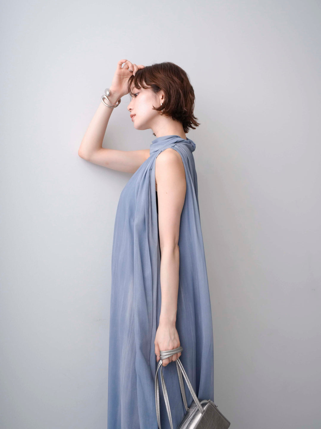 [予約]ニュアンスストライプバックリボンノースリワンピース/blue