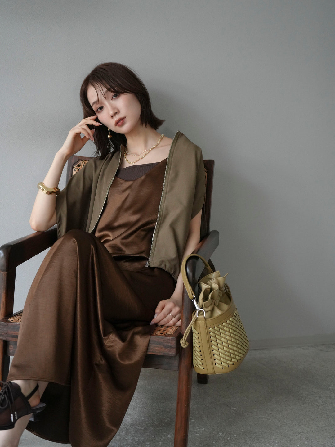 [予約]スリーブレスドロストZIPブルゾン/ブラウン