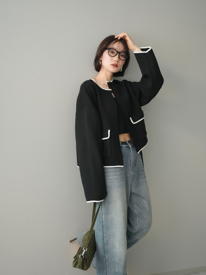 [SET]ポリエステル配色ニットカーディガン+裏起毛カットオフカーブデニムパンツ(2set)