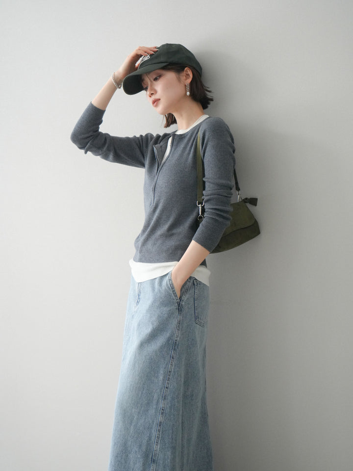 [予約]フロントジップ配色レイヤードニットトップス/gray