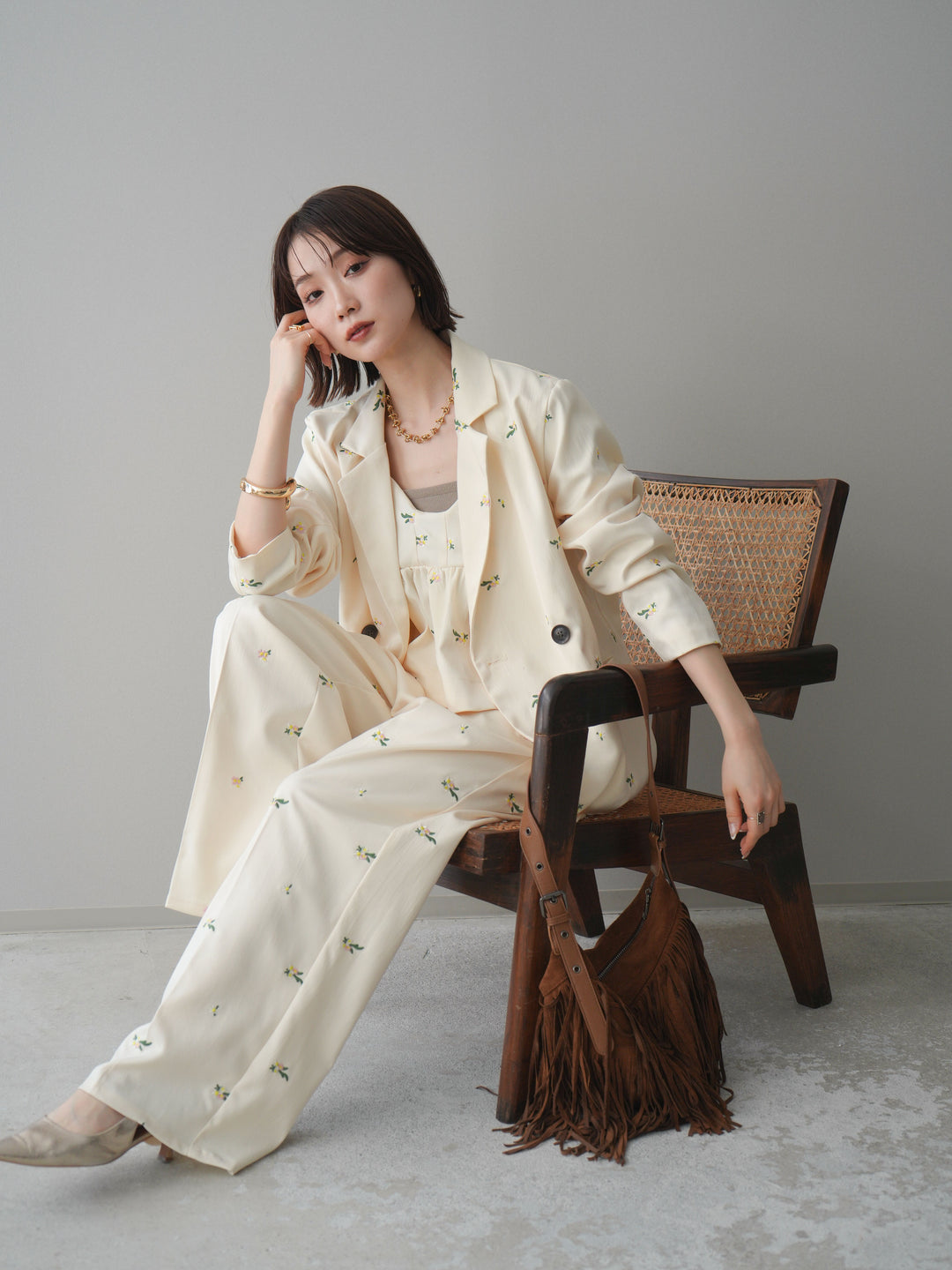 [予約]フラワー刺繍テーラードジャケット/ivory