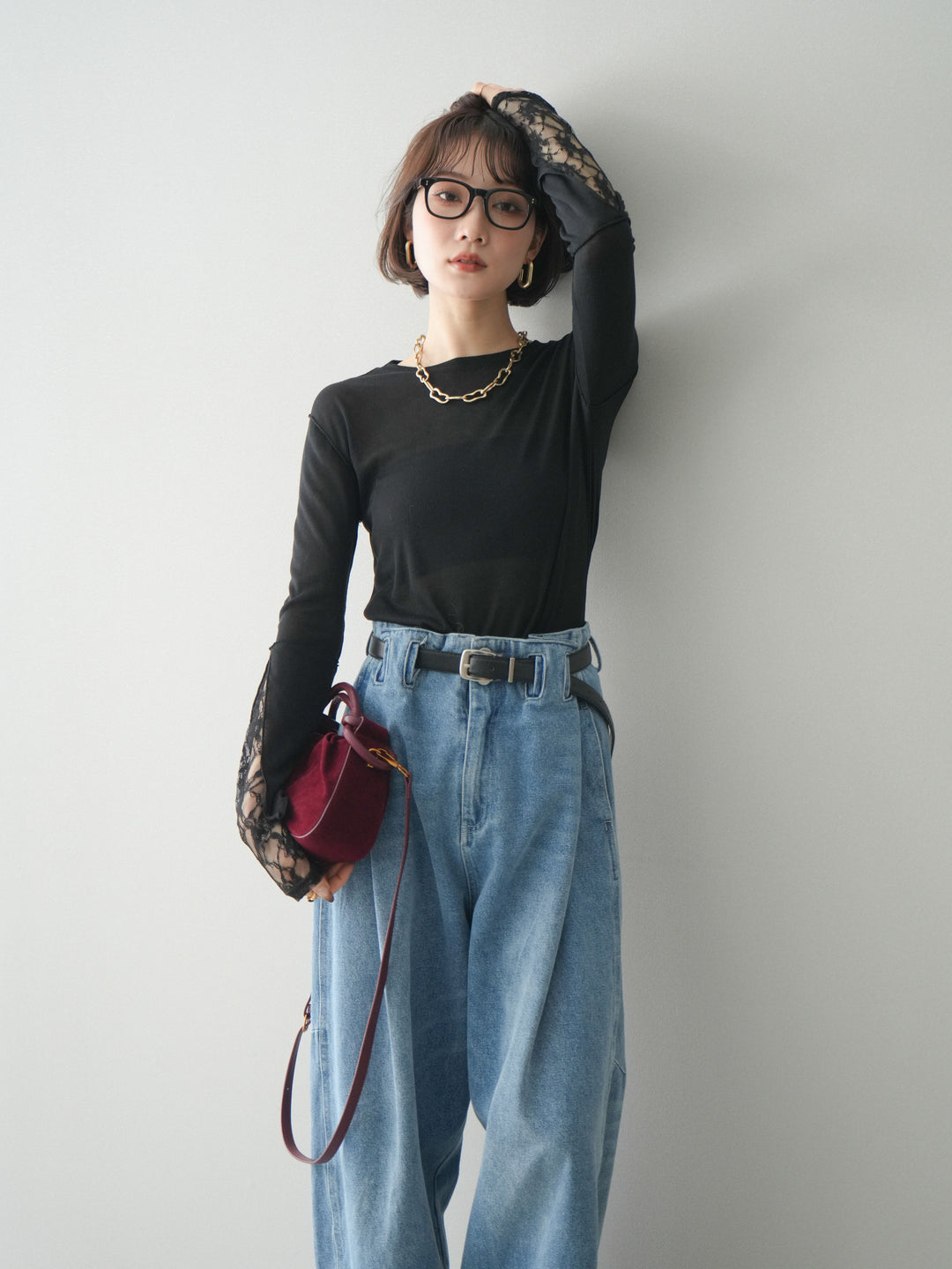 [予約]袖レースレイヤードデザインメロートップス/black