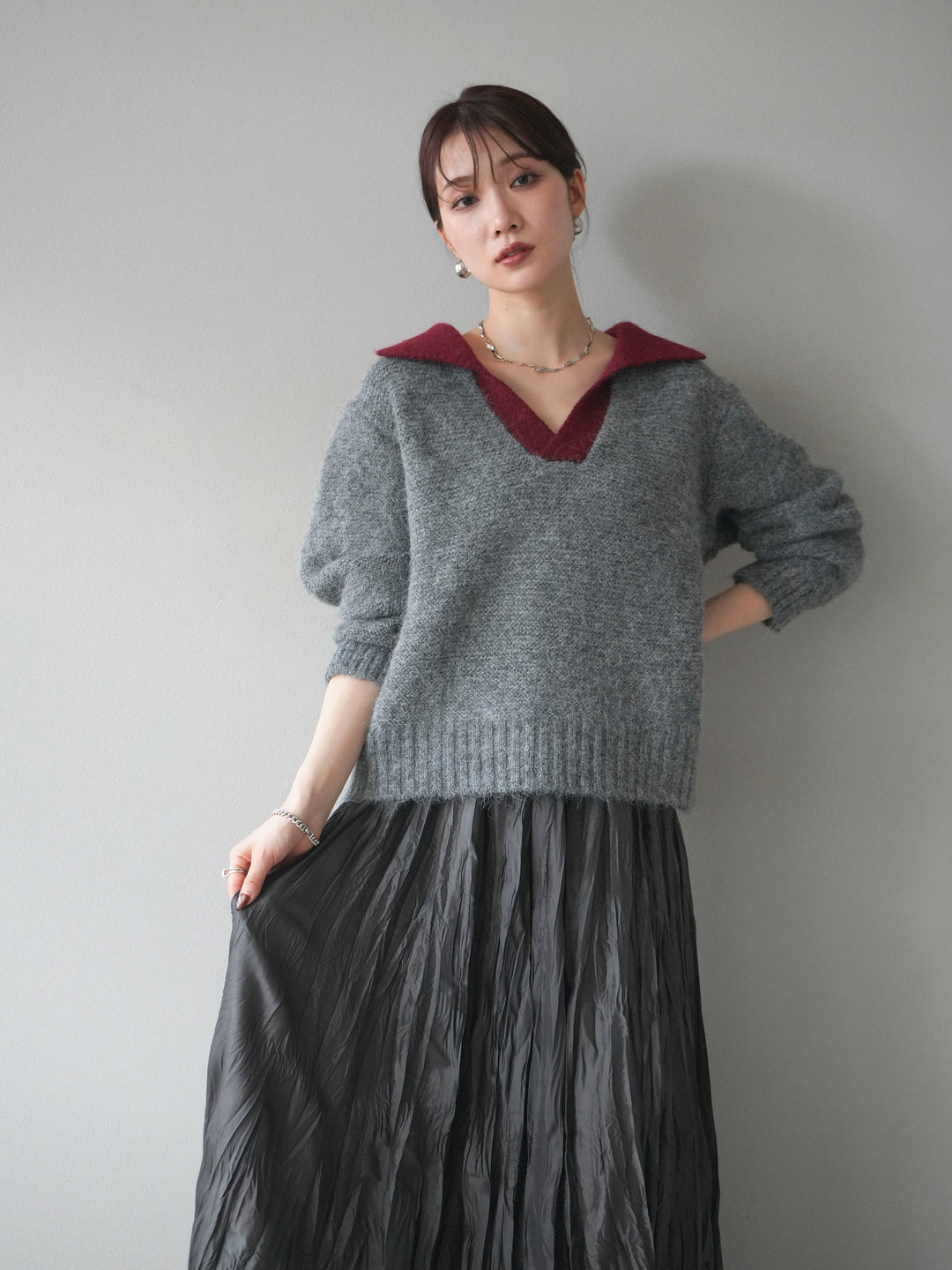 [予約]バイカラー襟付きニットプルオーバー/gray