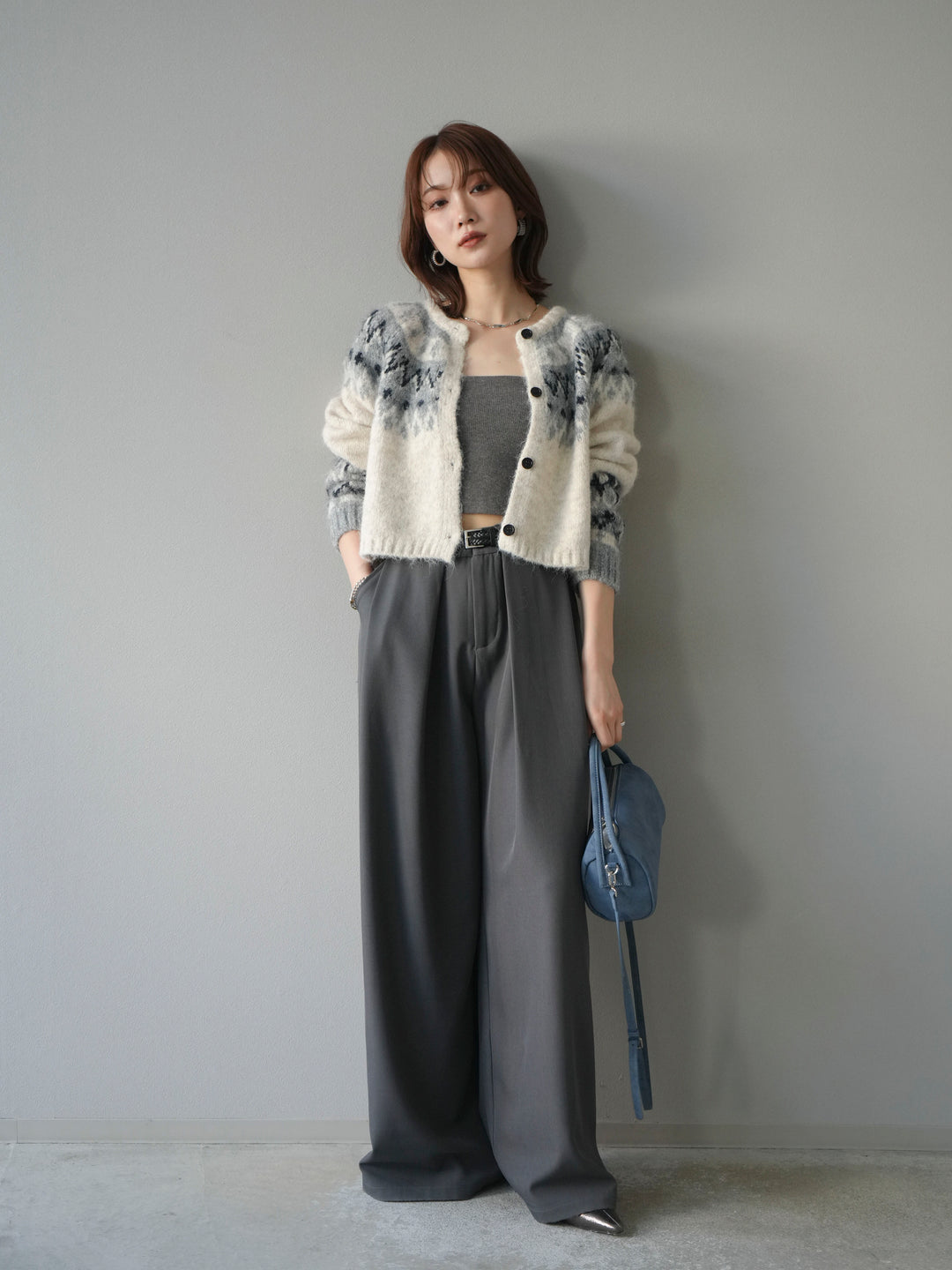 【着回しセット】[SET]求心柄クロップドニットカーディガン+ミックスヤーンペイズリー柄ニットカーディガン+ベルトループデザインワイドパンツ(3set)