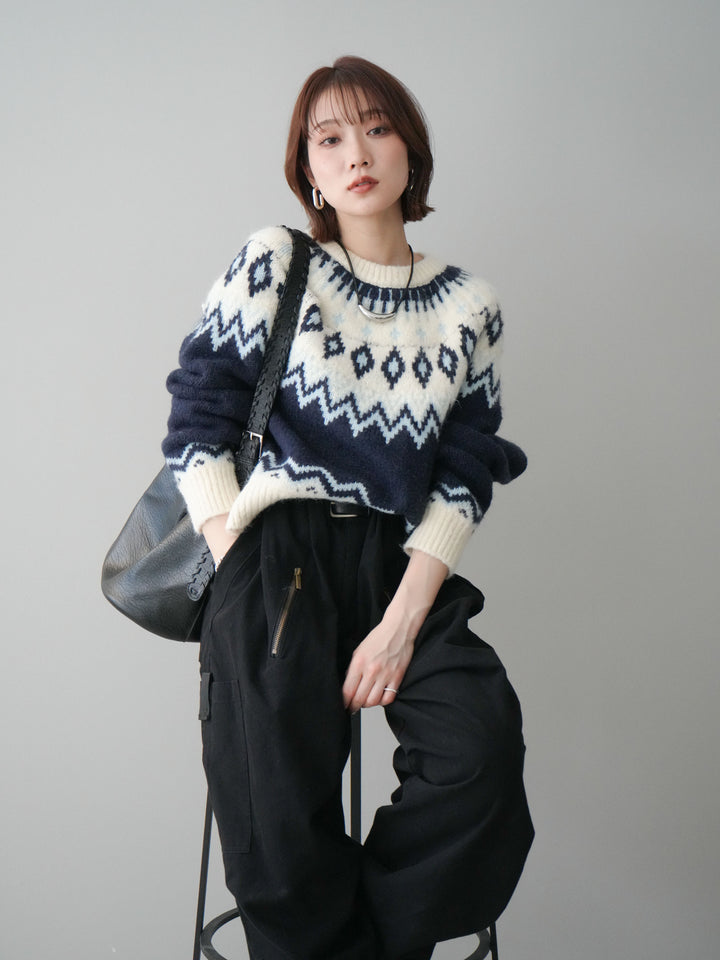 [予約]ノルディック柄ニットプルオーバー/navy