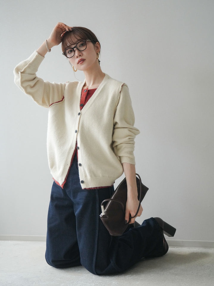 [予約]配色レイヤードニットカーディガン/ apricot