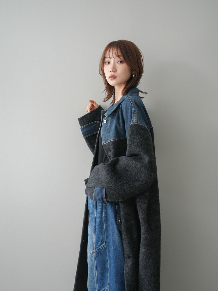 [SET]デニム切替シャギーステンカラーコート+選べるアクセセット(2set)