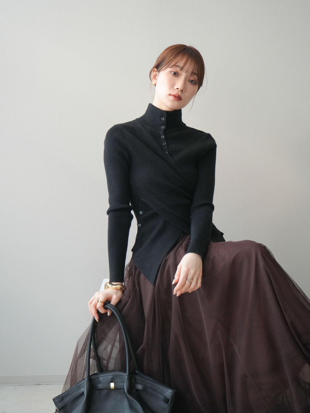 [予約]クロスデザインボトルネックリブニットトップス/black
